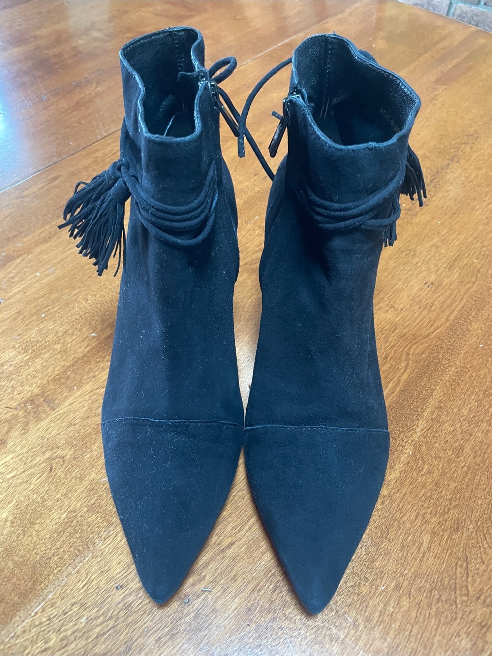 Loeffler Randall Black Suede Pointed Ankle Booties with Tassel Tie